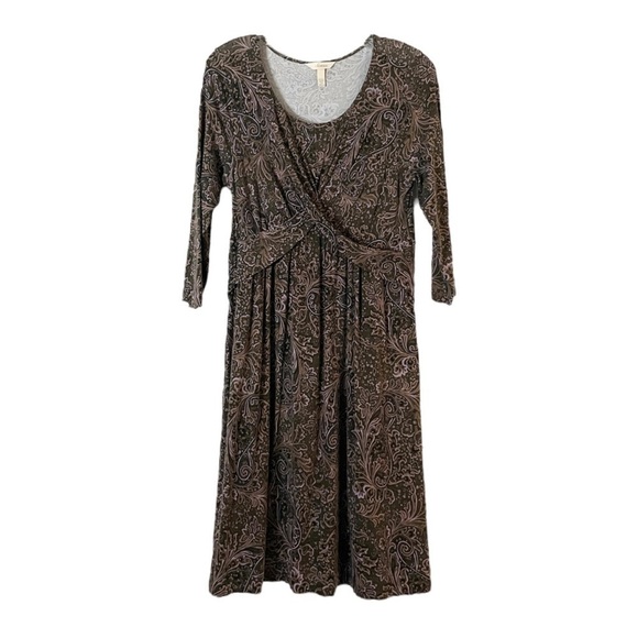 Soma Boho Paisley Print Brown Empire Waist Twist Front A-Line Midi Dress Size M - Picture 1 of 8